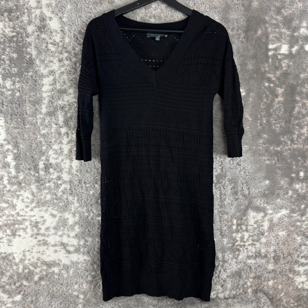 Catherine‎ Malandrino Size M Open Knit V Neck Mini Shirt Dress Black 3/4 Sleeve